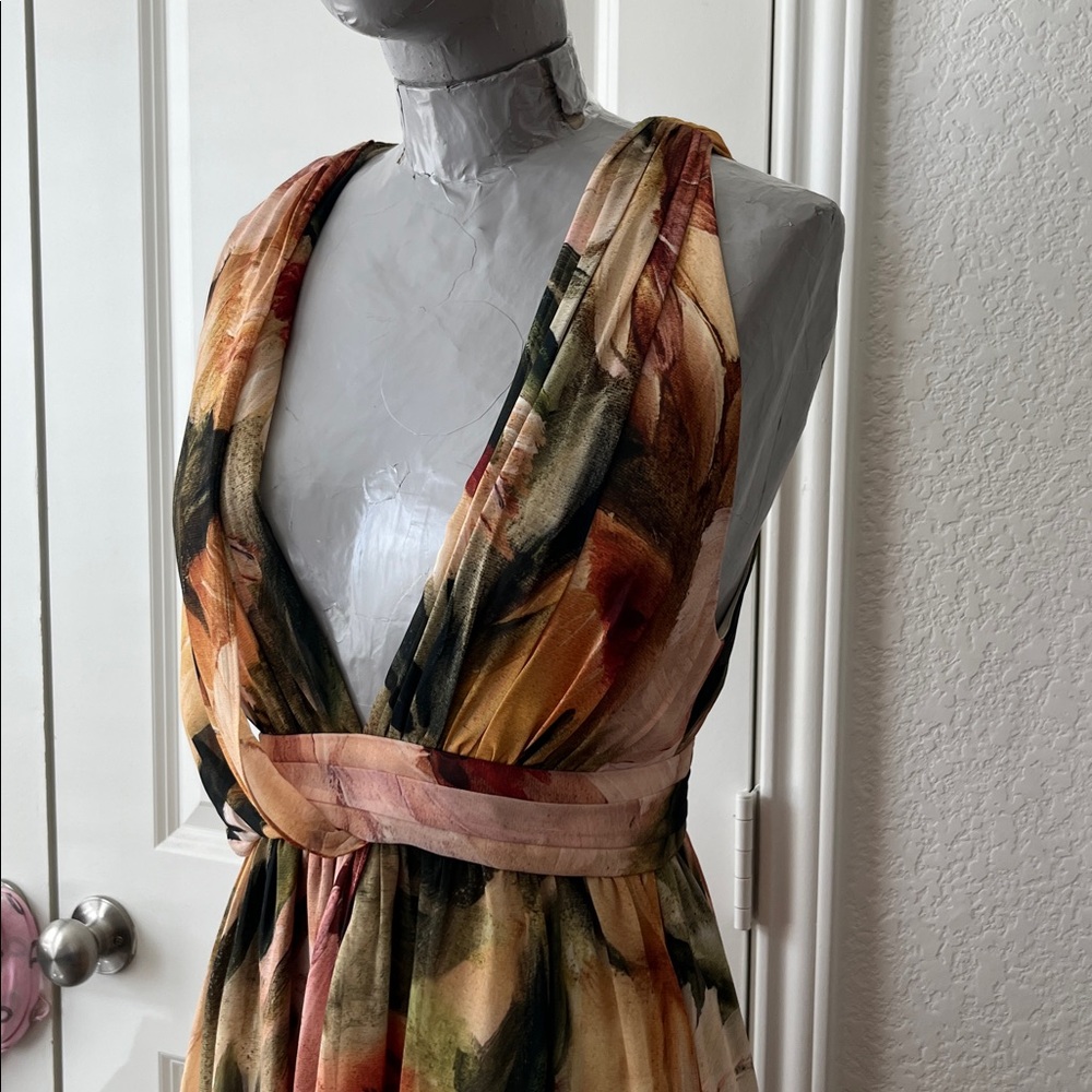 Haute Hippies Plunge Sunflower V Neck Draped Midi A Line Chiffon Crepe Dress - Picture 8 of 12